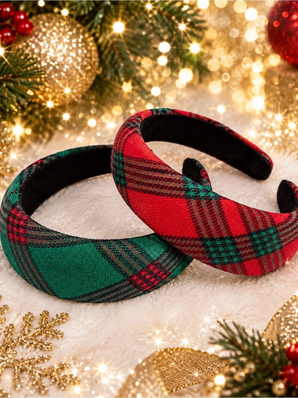 Plaid Padded Headband Set - Red & Green